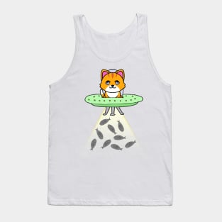 Funny orange Cat is flying a spaceship Tank Top